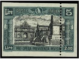 (*) ITALIA. Sa.223Aa. 1928. 5 Liras Oliva Y Negro CAMBIO DE COLOR SIN DENTAR Y DENTADO VERTICAL Solo Conocido Sin Goma.  - Autres & Non Classés