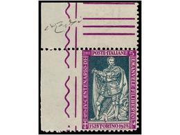 ** ITALIA. Sa.229m. 1928. 5 Liras Violeta Y Verde SIN DENTAR MARGEN IZQUIERDO. MAGNÍFICO Y MUY RARO. Cert. RAYBAUDI. - Autres & Non Classés