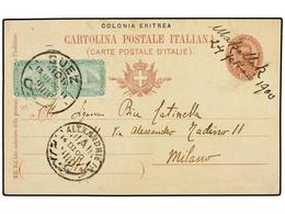 ERITREA. 1900. ADEN-HODEIDAH (YEMEN) A MILANO. Entero Postal De ERITREA De 10 Cts. Rojo, Escrita A Bordo Del Buque Itali - Autres & Non Classés