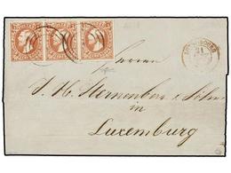 LUXEMBURGO. 1853. LUXEMBURG Correo Interior. 1 S. Rojo Castaño, Tira De Tres, Dirección Retocada, Falta Parte Del Dorso  - Andere & Zonder Classificatie