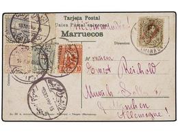 MARRUECOS. 1915. TANGER A ALEMANIA. Tarjeta Postal Circulada Con Sello De Correo Español De 2 Cts. Y Sellos Del Correo L - Andere & Zonder Classificatie