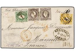 PORTUGAL. Af.20, 23, 25 (2). 1867. LISBOA A FRANCIA. 10 Reis Amarillo, 50 Reis Verde Y 100 Reis Lila (2), Marca Ovalada  - Otros & Sin Clasificación