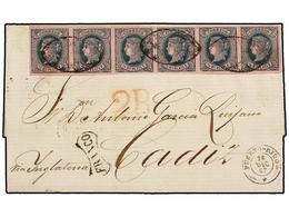 PUERTO RICO. 1867. PUERTO RICO A CÁDIZ. 1/2 Real Verde S. Rosa. Tira De Seis, Mat. PARRILLA COLONIAL. Excepcional Franqu - Altri & Non Classificati