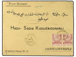 TURQUIA. 1885. Cover To CONSTANTINOPLE Franked By 1884 Pair Of 20 Pa. Red On Rose Tied By Bold Strikes Of Octagonal Arab - Autres & Non Classés