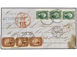 ESTADOS UNIDOS. 1860. Jefferson 5 Cents Marrón En Tira De Tres, Dentado 15 Y Washington 10 Cents Verde Tira De Tres, Den - Other & Unclassified