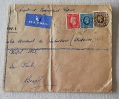 Busta Di Lettera Registrata Per Via Aerea Londra-San Paolo (Bra) - Anno 1937 Affrancatura Mista Due Re - Lettres & Documents
