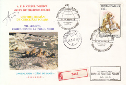 NORTH POLE, THEODOR NEGOITA ARCTIC EXPEDITION, GREENLAND, DOGS, SIGNED REGISTERED SPECIAL COVER, 1995, ROMANIA - Expediciones árticas