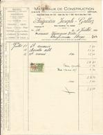 Dour Augstin Joseph Gallez - Facture 1930 - Matériaux, Briques, Eternit, Ardoises, Tuiles, Faience (Taxes Fiscales) - Documents