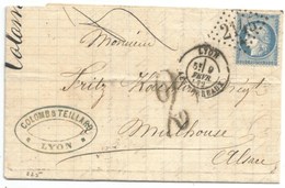 225 - LYON - Février 1872 Pour MULHOUSE - Double Affranchissement 25 Ctes Coté Français Et Taxe 2 Groschen Coté Allemand - War 1870