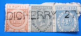 Pondicherry GOVERNMENT OF INDIA Tax 3 Stamps Service Ex English Colony Cancellation Stamp-Timbre Fiscal Service - 1854 East India Company Administration