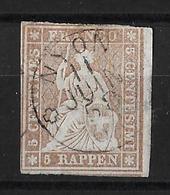 1854-1862 Helvetia (ungezähnt) → Zarter, Schwarzer Rundstempel NYON     ►SBK-22B3.III / CHF 320.- Bogenrandstück◄ - Gebraucht