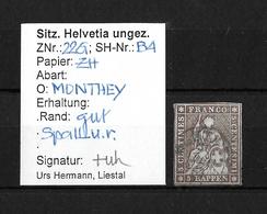 1854-1862 Helvetia (ungezähnt) → Schwarzer Kreisstempel MONTHEY     ►SBK-22B4.V / CHF 40.- Vollrandig◄ - Gebraucht