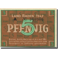 Billet, Allemagne, Baden, 5 Pfennig, 1947, KM:S1001a, SPL - Andere & Zonder Classificatie
