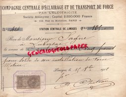87 - LIMOGES - RARE RECU COMPAGNIE CENTRALE ECLAIRAGE TRANSPORT DE FORCE ELECTRICITE-M. SAGNE LUBERSAC-1902 - Electricité & Gaz