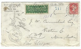 CANADA 1892: LSC Rec. De Kingston (Ontario)du 29.X.1892  Pour New Glasgow (Nova Scotia)  TTB - Storia Postale