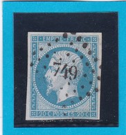N° 14f  Bleu Laiteux    PC  749   CHARLEVILLE   ( 07 )   ARDENNES  -  REF 14112  + Variété - 1853-1860 Napoleon III