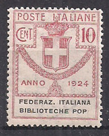 REGNO D'ITALIA 1924  ENTI PARASTATALI SOGGETTI VARI FEDERAZ.ITAL.BIBLIOTECHE POP. SASS. 34 MNH XF - Andere & Zonder Classificatie