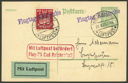 GERMANY: 23/AU/1925 Postal Card Of 5Pg. + 10Pg. Airmail Stamp Flown From Karlsruhe To Bad Reichenhall, Very Nice! - Altri & Non Classificati