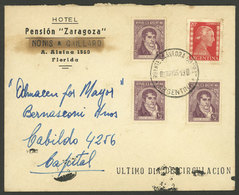 ARGENTINA: LAST DAY OF USE: Cover With Corner Card Of Hotel Pensión Zaragoza (Nonis & Gaillard) Franked With Eva Perón 2 - Prefilatelia