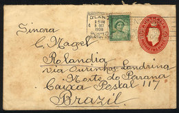 AUSTRALIA: 2p. Stationery Envelope + Additional 1p., Sent From Brisbane To Brazil On 8/OC/1938, Rare Destination! - Altri & Non Classificati