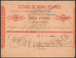 BRAZIL: Rare POSTAL MONEY ORDER Of The State Of Minas Gerais Dated 2/MAY/1910, Few Known Examples! - Otros & Sin Clasificación