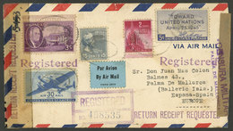 UNITED STATES: DOUBLE CENSORSHIP: Registered Airmail Cover Sent From Bronx (NY) To Palma De Mallorca On 5/JUL/1945 With  - Storia Postale