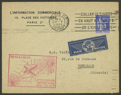 FRANCE: 10/MAY/1939 Pairs - Bordeaux, First Night Flight, Cover With Special Rose Handstamp And Arrival Mark On Back. - Altri & Non Classificati