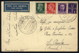 ITALY: 21/DE/1939 LATI First Flight Roma - Rio De Janeiro, Postcard Sent From Roma To Sao Paulo, Arrival Backstamp, Very - Non Classificati