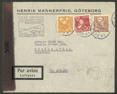 SWEDEN: 22/JUN/1945 Stockholm - New York, First Swedish Transatlantic Flight, Censored Cover With Final Destination Arge - Autres & Non Classés