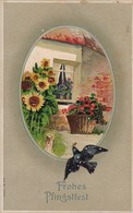 AK Frohes Pfingstfest - Schwalbe Sonnenblumen Blumen - Reliefdruck - 1911 (47846) - Pfingsten