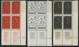 MONACO N° 399 à 401 Cote 16.8 € Série De 3 Blocs De 4 Neuf ** (MNH) Avec Coin Daté Du 22/1/54, 11/2/54 Et 20/1/54. TB - Neufs