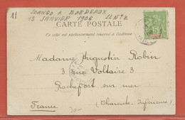 SENEGAL CARTE POSTALE AFFRANCHIE DE 1906 LIGNE LOANGO A BORDEAUX POUR ROCHEFORT FRANCE - Briefe U. Dokumente