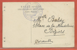 GRECE CARTE POSTALE EN FRANCHISE ESCADRILLE DE 1916 POUR BEZIERS FRANCE - Cartas & Documentos