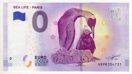 2019-1 FRANCE BILLET TOURISTIQUE 0 EURO SOUVENIR N°UEPK004730 SEA LIFE PARIS MANCHOTS - Essais Privés / Non-officiels