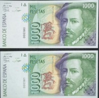 Pareja Correlativa De 1000 Pesetas De 1992 Sin Serie, Numeración Bajisima 000380/000381,UNC - [ 4] 1975-… : Juan Carlos I