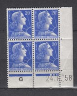 # France 1011 B Coin Daté  24 6 58 .. Marianne De Luller .. Sans Charnière Ni Trace .. Cote 3.00 € - 1950-1959