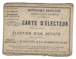 CARTE D ELECTEUR MERCIER 1886 PEINTRE ELECTION AVRIL 1910 DEPUTE VINCENNES - Historical Documents