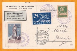 1924 - Carte Postale Commémorative PAR AVION De Caquerelle Lausanne Vers Grenchen Granges - Timbre Rangiers - Erst- U. Sonderflugbriefe
