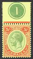 1912-20 5s Green And Red / Yellow (SG 67) With Plate Number Margin At Top, Never Hinged Mint (hinged On Margin) For More - Giamaica (...-1961)