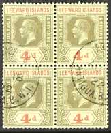 1912-22 4d Black And Red On Pale Yellow, SG 52, Block Of Four With Neat Part August 1922 St John's Cds's, From The Year  - Leeward  Islands