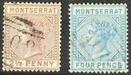 1880 2½d Red-brown And 4d Blue "CC", SG 4/5, Each With Neat "A08" Cancels. (2 Stamps) For More Images, Please Visit Http - Montserrat