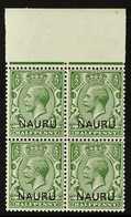 1916 ½d Yellow Green, Top Marginal Block Of 4, Variety "double Ovpt, One Albino", SG 1b, Superb Never Hinged Mint. For M - Nauru