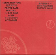 MACAU 2002 LUNAR NEW YEAR OF THE HORSE GREETING CARD & POSTAGE PAID COVER,  POST OFFICE CODE #BPD003 - Postal Stationery