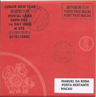 MACAU 2002 LUNAR NEW YEAR OF THE HORSE GREETING CARD & POSTAGE PAID COVER, LOCAL USAGE,  POST OFFICE CODE #BPD003 - Postal Stationery