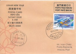 MACAU 2004 LUNAR NEW YEAR OF THE MONKEY GREETING CARD & POSTAGE PAID COVER, POST OFFICE CODE #BPD006 - Entiers Postaux