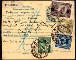 YUGOSLAVIA 1923 Parcel Card With Mixed Franking Including War Invalids 20 D. Surcharge - Lettres & Documents