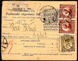 YUGOSLAVIA 1921 Parcel Card With Definitive Franking - Cartas & Documentos