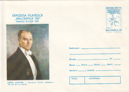 85792- KEMAL ATATURK, PRESIDENT OF TURKEY, COVER STATIONERY, 1981, ROMANIA - Postal Stationery