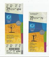 ATHENES 2004 JEUX OLYMPIQUES 2 BILLETS D'ENTREE TIR A L'ARC ET GYMNASTIQUE RHYTMIQUE ET SPORTIVE - Autres & Non Classés