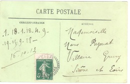 GRURY Saône Et Loire Carte Postale 5c Semeuse Vert Issue De Carnet Type 2 Yv 137d Ob5 2 1915 Facteur Boitier Type 84 - Briefe U. Dokumente